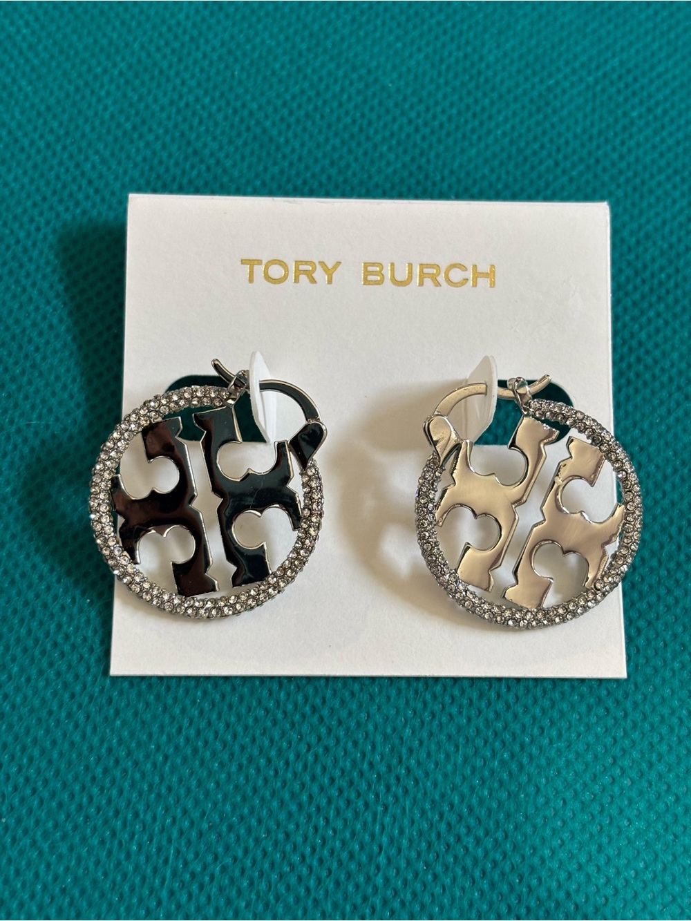 Tory Burch Silver Crystal Logo Hoop Earrings